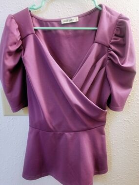 Grace Karin Lavender Mauve Puff Sleeve Wrap Peplum Top